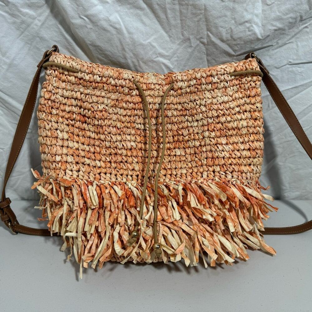 Nordstrom Straw Crossbody BucketBag Coral Drawstring Hobo Boho Eclectic Colorful